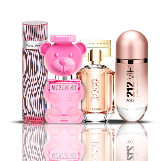 Set of 4 Perfumes | 212 VIP Rose + Moschino Bubble Gum + Hugo Boss The Scent + Paris Hilton 100 ml