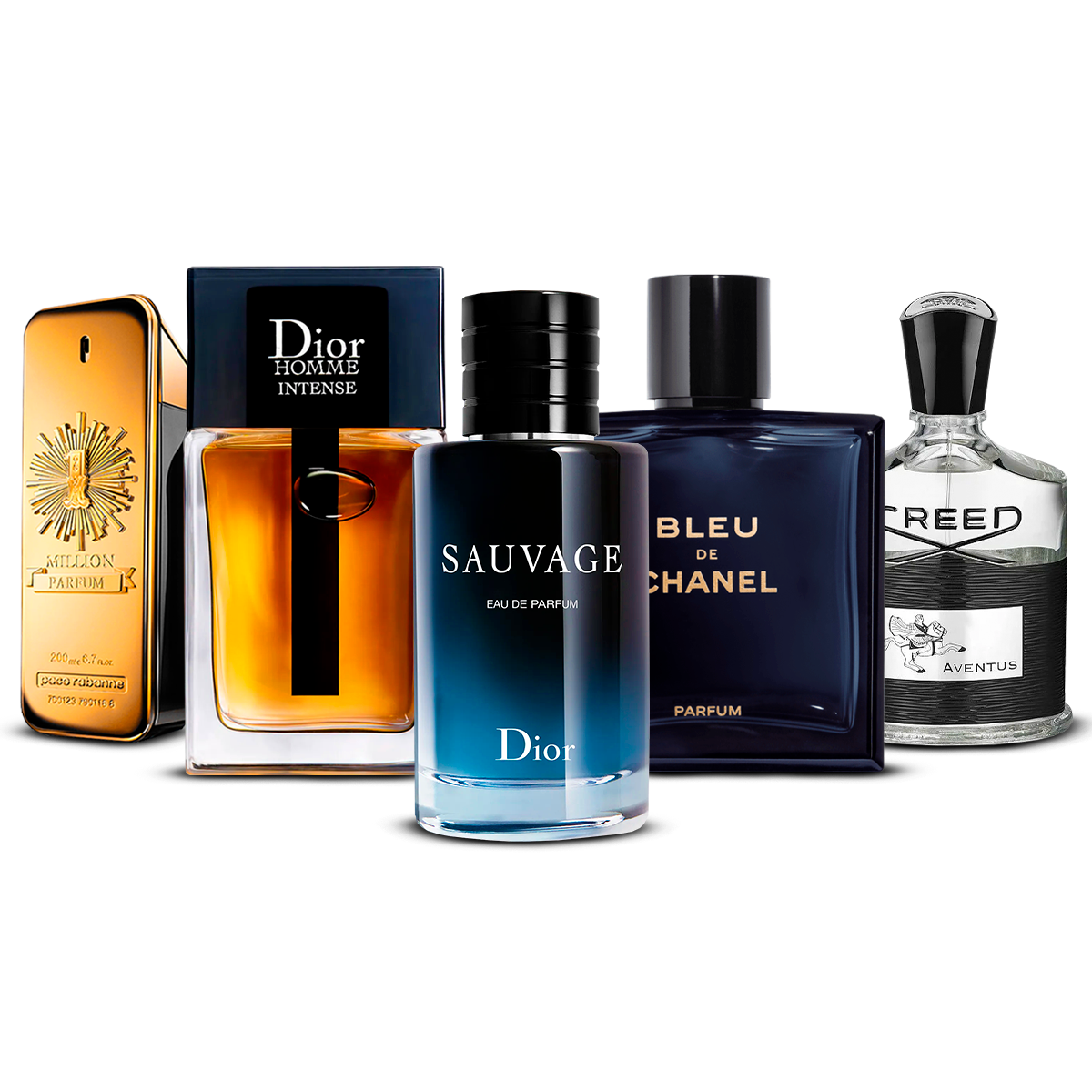 Set of 5 Perfumes  –  1 Million, Dior Homme Intense, Sauvage, Bleu de Chanel and Creed Aventus  [100 ml each]