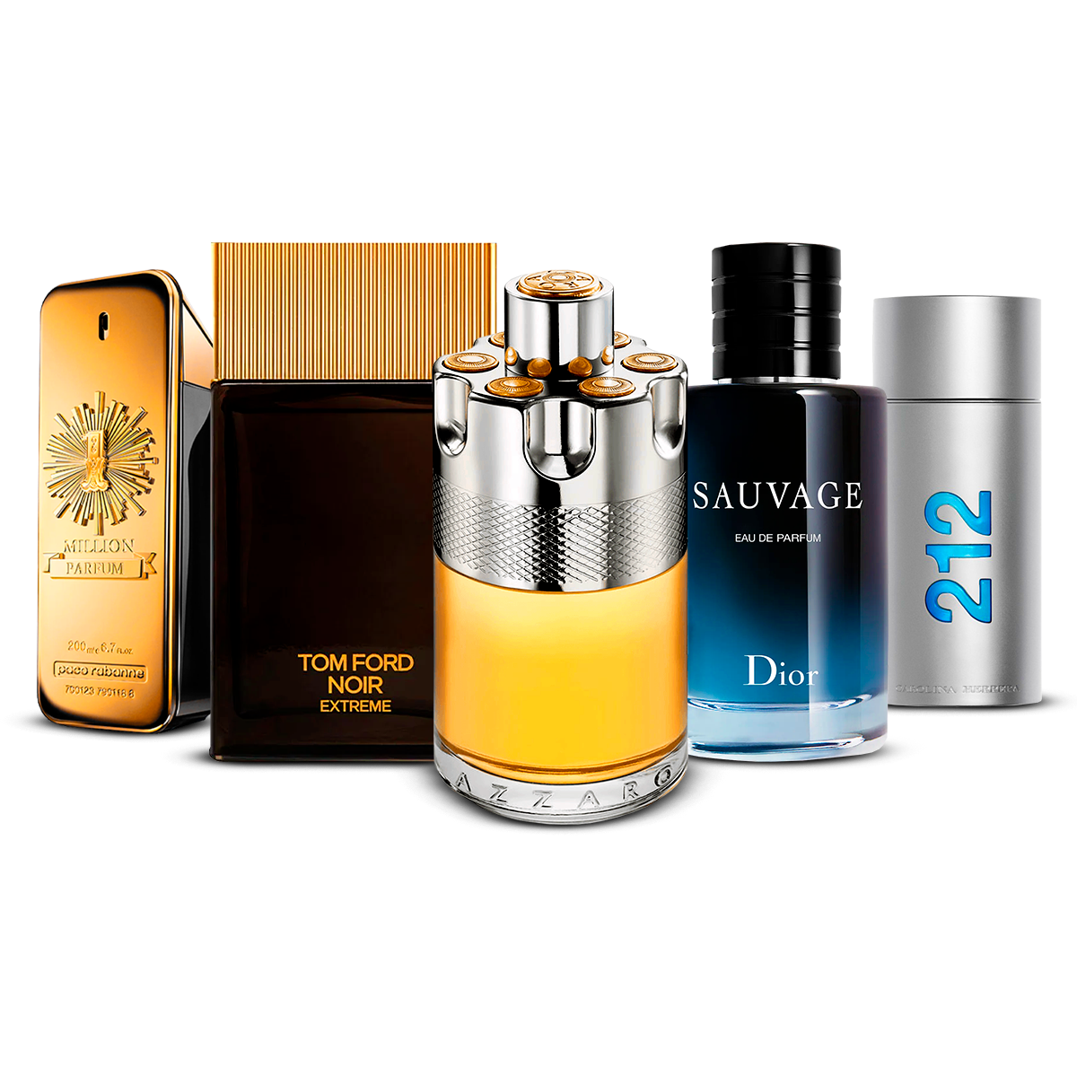 Set of 5 Perfumes  – 1 Million, Tom Ford Noir Extrême, Azzaro Wanted, Sauvage and 212 Men [100 ml each]