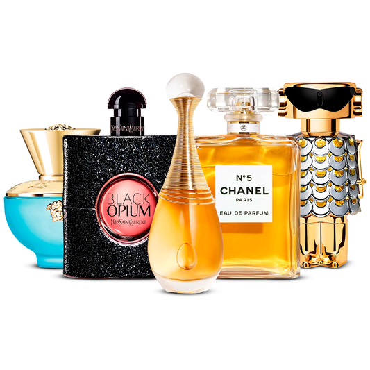 Set of 5 Perfumes  – Versace Dylan Turquoise, Black Opium, J'adore, Chanel Nº5 and Fame  [100 ml each]