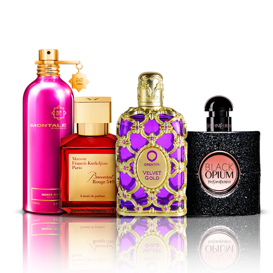Set of 4 Perfumes | Orientica Velvet Gold + Baccarat Rouge + Black Opium + Montale Roses Musk 100 ml
