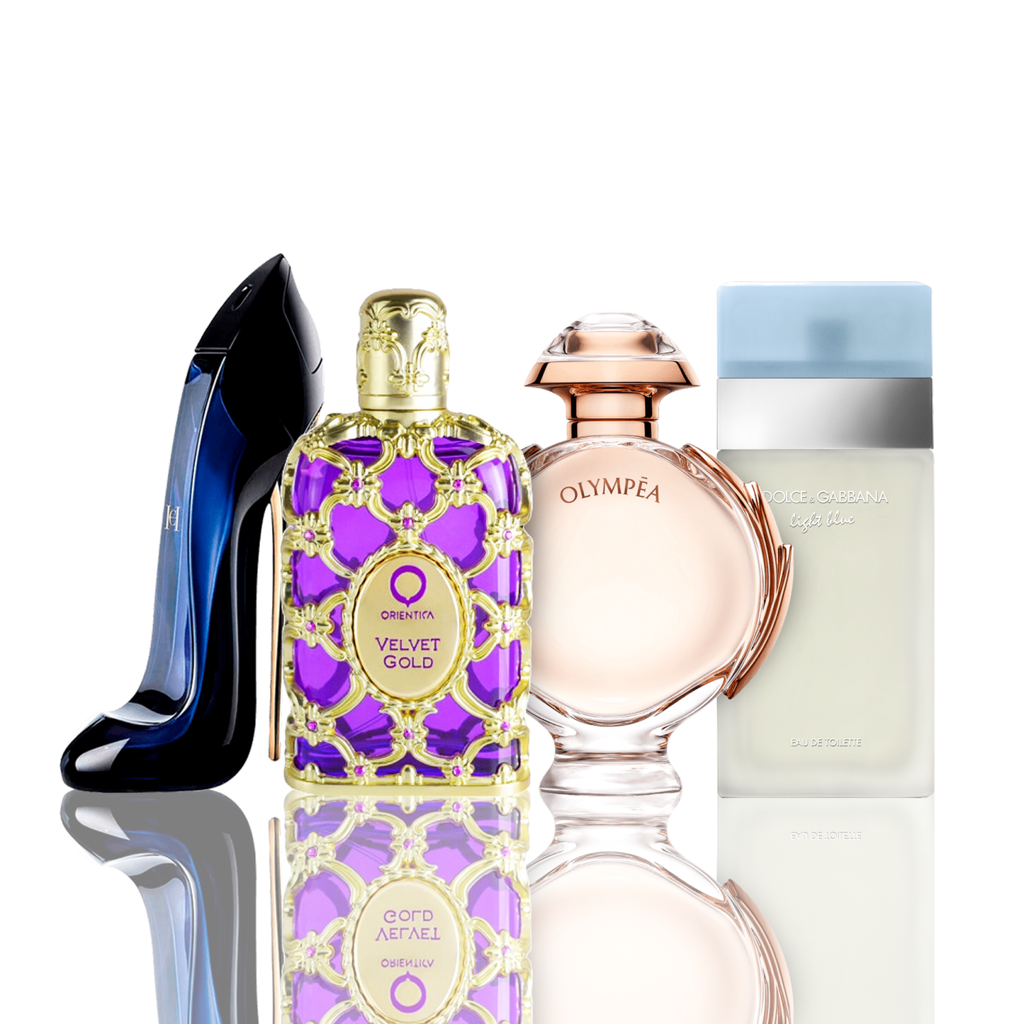Set of 4 Perfumes | Light Blue + Orientica Velvet Gold + Good Girl + Olympea 100 ml