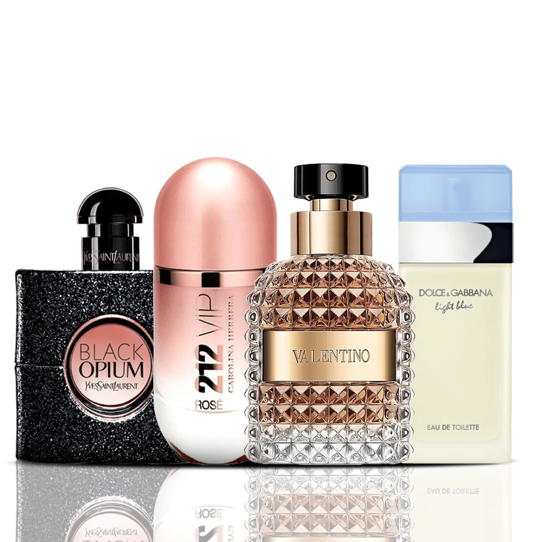 Set of 4 Perfumes | Black Opium + 212 VIP Rose + Valentino + Dolce & Gabbana Light Blue 100 ml